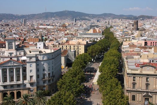 Barcelona cityscape. Aerial view seen from the Columbus Column. Famous Rambla avenue.