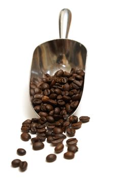 A fresh scoop of gourmet coffee beans isolated on white.