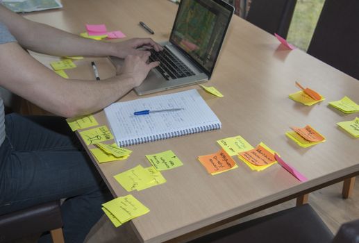 student busy with problem solving on table with note marks and computer