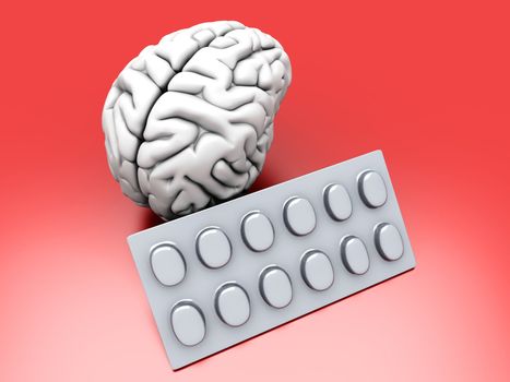 Some pills for the Brain. Symbolic for Drugs, Psychopharmaceuticals, Nootropics and other Medications. 3d rendered Illustration.