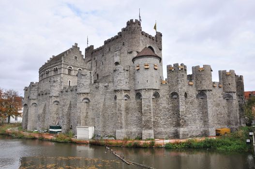 Panorama of old fortress (Gravesteen) in the ancient city of Ghent, Belgium
