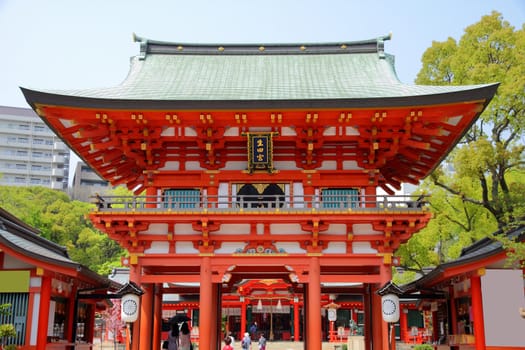 Kobe, Japan - city in the region of Kansai in Hyogo prefecture. Famous gate to Ikuta Shrine.