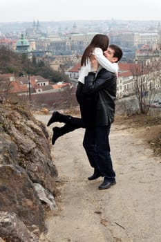 beautiful young love couple in city Prague