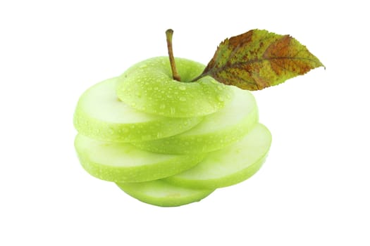 Fresh green apple slices with water drops on white background with a clipping path