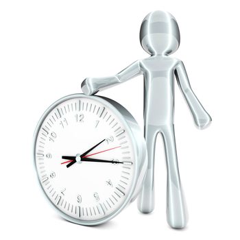 A cartoon figure with a clock. 3D rendered Illustration. Isolated on white. 