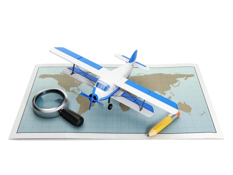 Round trip. Illustration with plane and map on a white background