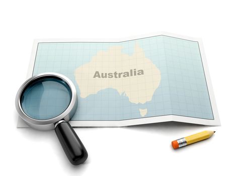 Search on a map of Australia. Magnifier and card on a white background