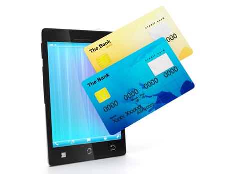 Mobile money. Mobile phone and a group of credit cards