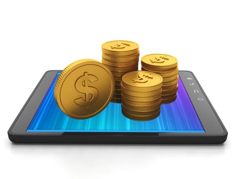 Mobile technology. Tablet computer and group of gold coins, earnings on creating applications for mobile phones Tablet PC