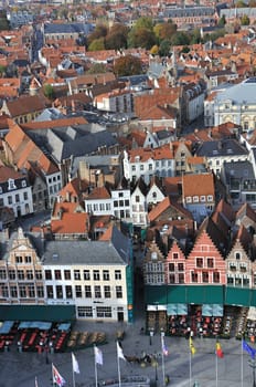 Birds eye view of the main square Brugge (Belgium), taken from the city tower.