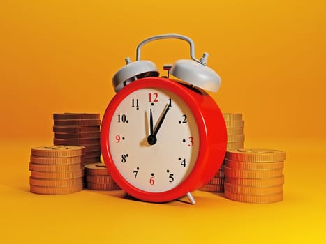 Time to earn money. Alarm clock symbolizes time and team gold. Efficient business, great income in a short time