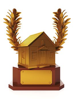 3d illustration: Awards and prizes. The award for the best house, in the form of a gold cup at home