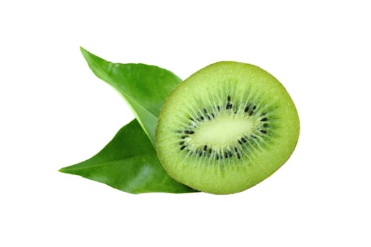 Juicy kiwi fruit and leaves isolated on white with a clipping path