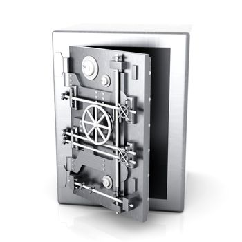 A open bank safe. 3D rendered Illustration. Isolated on white.