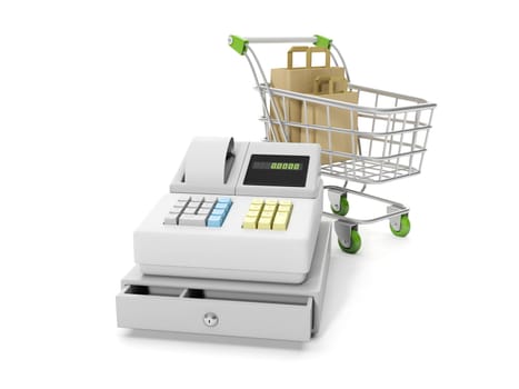 3d illustration: Sale and purchase. Cash mashines and shopping carts with paper bags