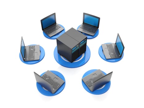 3d illustration internet technology. The group of servers and laptops connected to the network