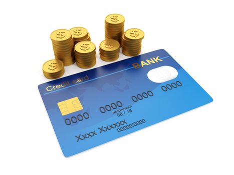 3d illustration: Keeping money in the credit card. Group of gold coins and credit cards