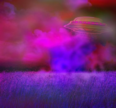 UFO over a crop field on a dark sky