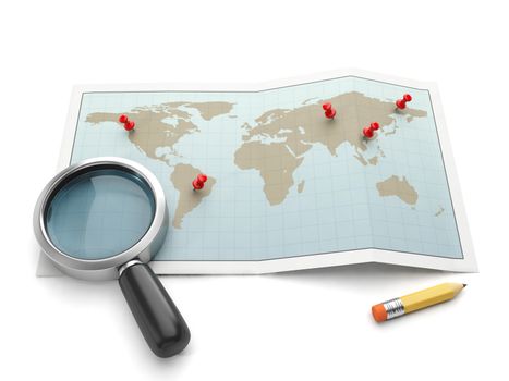 Maps and navigational charts. Map and magnifying glass search for the place