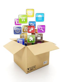 Cardboard box Box and mobile cloud icons. Create mobile OFFER for electronics