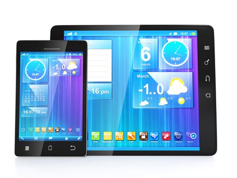 Create mobile apps for tablets and mobile phones. Tablet computer and mobile phone on a white background close-up