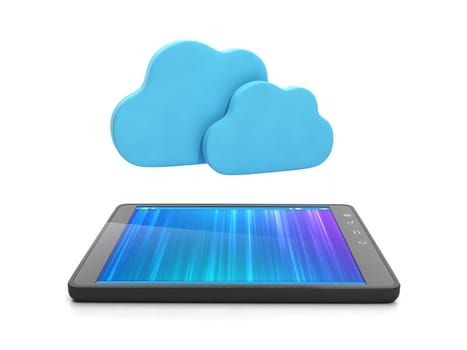 Mobile technology. Tablet computer and group of clouds, upload content via the Internet, cloud computing