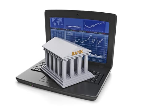 Exchange trades. The laptop with the results of stock trading and bank building