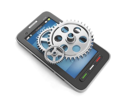 3d illustration: Mobile Technologies, a group of gears and a mobile phone. Using a mobile phone