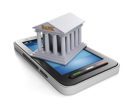 3d illustration: Mobile technology. Mobile banking, mobile phone and bank building