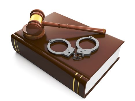 3d illustration: Legal assistance. Judicial gavel and law book, handcuffs