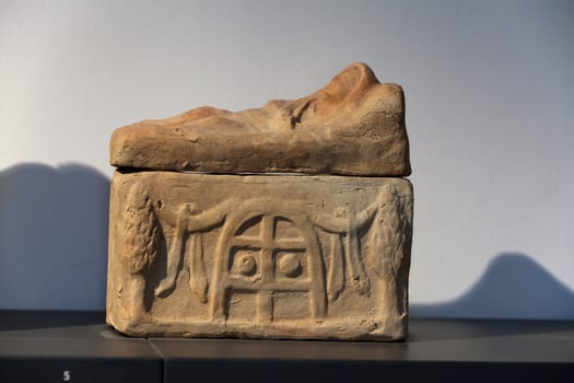 Ancient etruscan art. Painted terracotta cienrary  urns. Sarcophagus of Chiusi, Tuscany. 