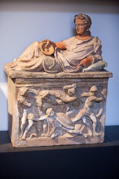 Ancient etruscan art. Painted terracotta cienrary  urns. Sarcophagus of Chiusi, Tuscany. 