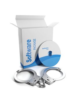 3d illustration: Licensed software and piracy Box with licensed software and handcuffs