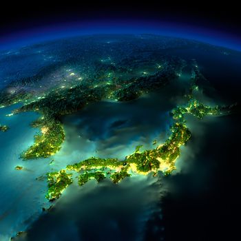 Highly detailed Earth, illuminated by moonlight. The glow of cities sheds light on the detailed exaggerated terrain and translucent water of the oceans. Elements of this image furnished by NASA