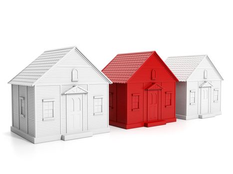 3d Illustration: Finding the right home, a group of white houses and one red