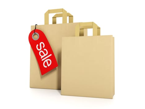 3d illustration: Concept for sale and purchase. Group of paper bags and label sales