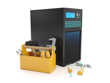 3d illustration: Repair of the server station. Server and Tools