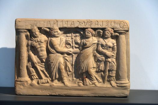 Ancient etruscan art. Painted terracotta cienrary  urns. Sarcophagus of Chiusi, Tuscany. 