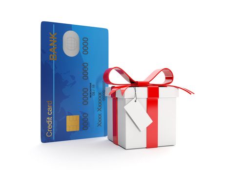 3d illustration: Credit card and gift box. Money as a gift, bonus