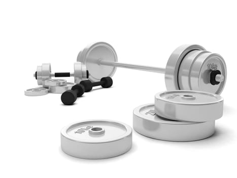 3d Illustration: Arrangement of sports equipment, dumbbells barbell