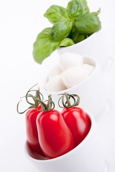 tasty tomatoe mozarella salad with basil isolated on white background