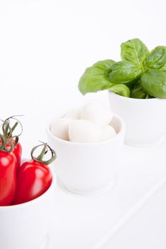 tasty tomatoe mozarella salad with basil isolated on white background