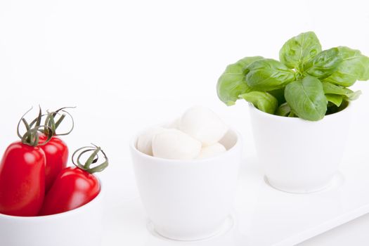 tasty tomatoe mozarella salad with basil isolated on white background