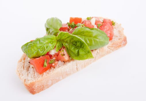 deliscious fresh bruschetta appetizer with tomatoes isolated on white background