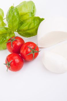 tasty tomatoe mozarella salad with basil isolated on white background
