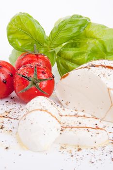 tasty tomatoe mozarella salad with basil isolated on white background