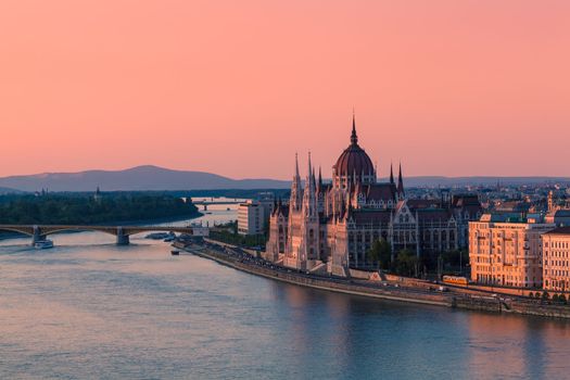 Parliament Building in Budapest, Hungary at sunset