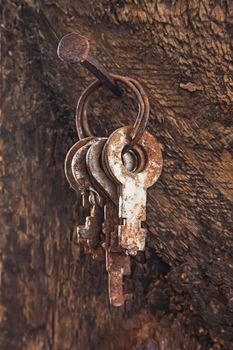 forgotten keys on an old nail clogged at the wall