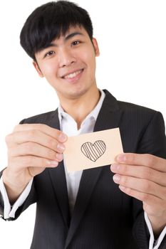 Asian businessman holding a card written on heart shape, closeup portrait.