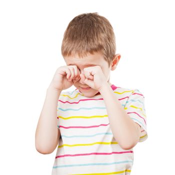 Little crying child hands hiding or covering face white isolated